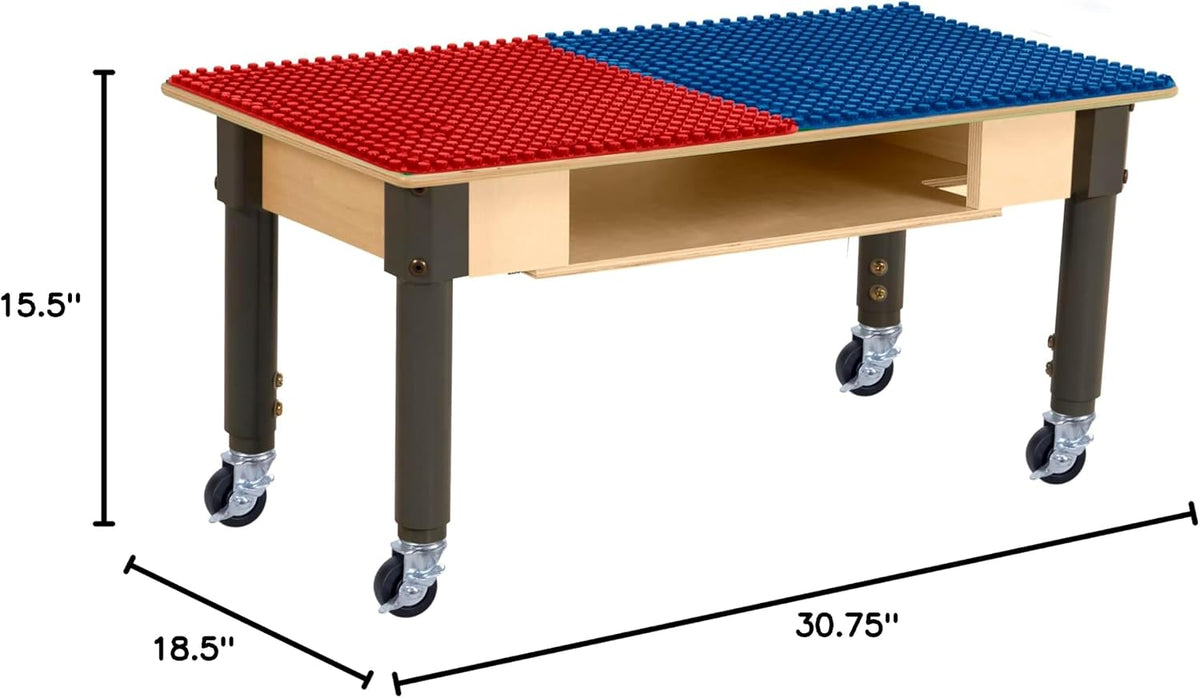 Rectangle Time-2-Play Table with a shelf, along with adjustable 12"-17" legs with locking casters and a DUPLO® Compatible Grid of RED/BLUE Color
