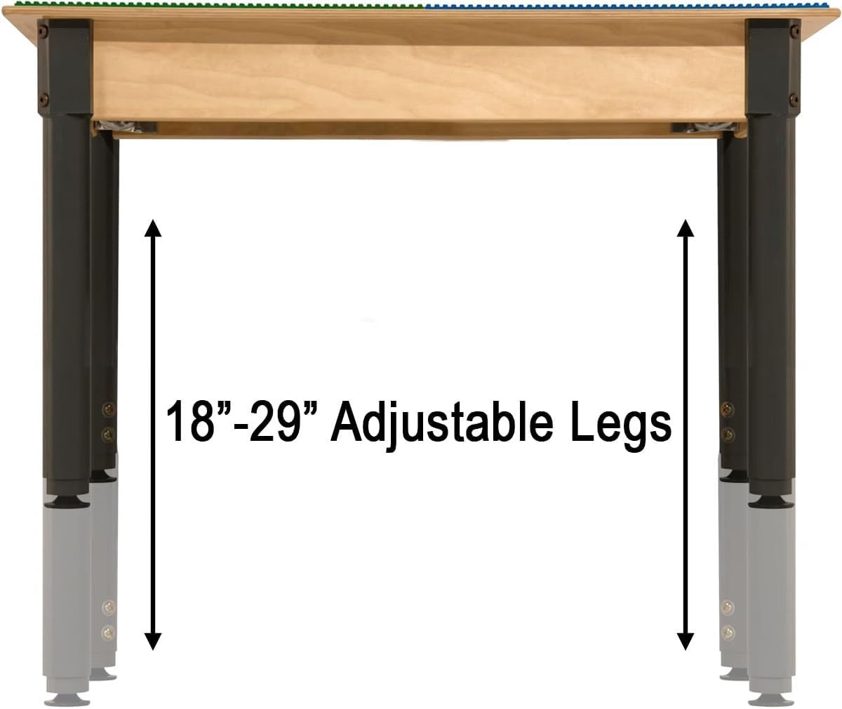 Square Time-2-Play Table with a trough and shelf, along with adjustable 18"-29" legs and a LEGO® Compatible Grid of BLUE/GREEN Color