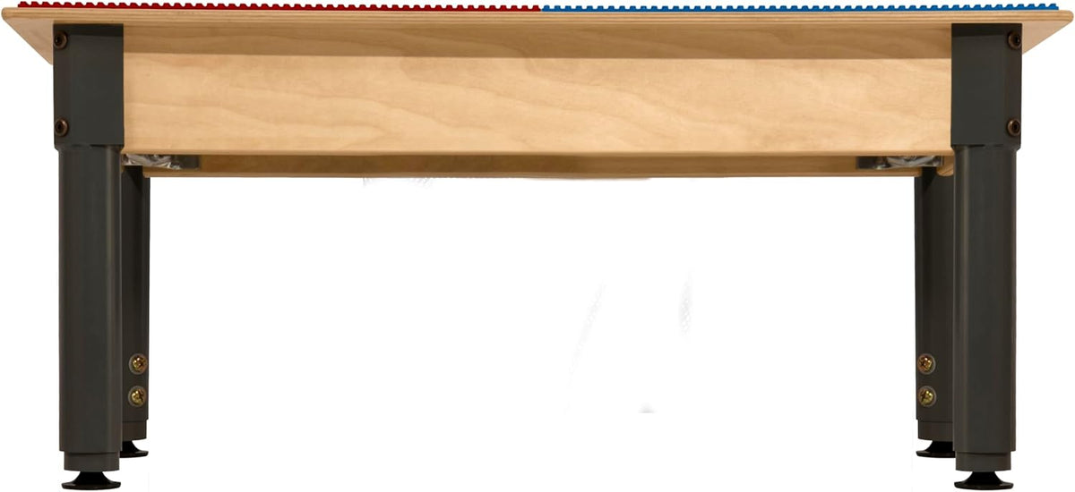 Square Time-2-Play Table with a trough and shelf, along with adjustable 12"-17" legs and a LEGO® Compatible Grid of RED/BLUE Color