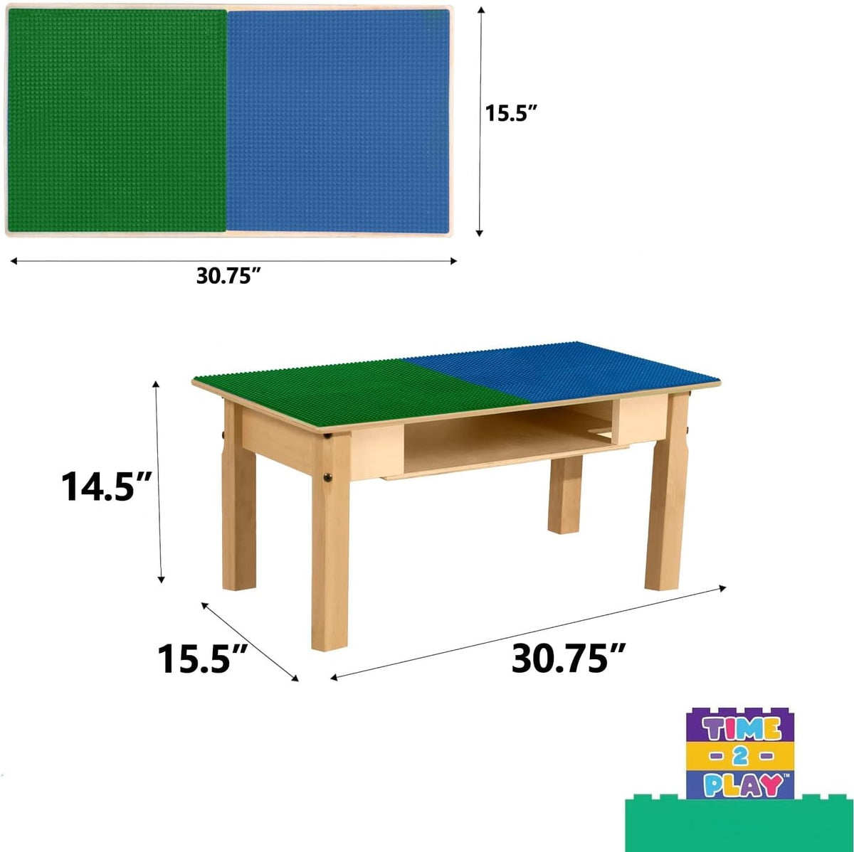 Rectangle Time-2-Play Table with a shelf, along with 14" legs and a LEGO® Compatible Grid of BLUE/GREEN Color
