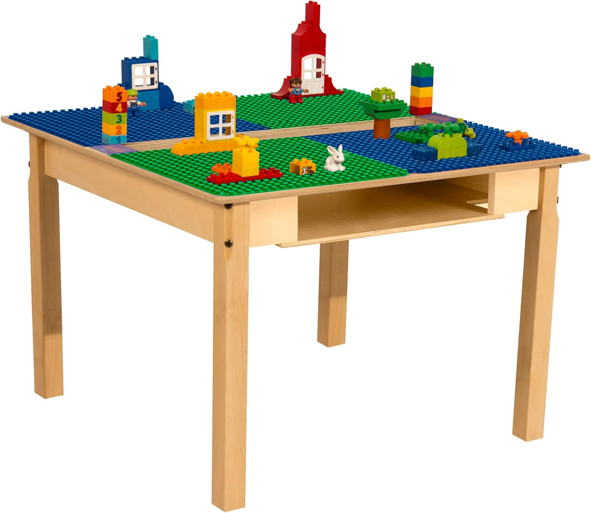 Square Time-2-Play Table with a trough and shelf, along with 22" legs and a DUPLO® Compatible Grid of BLUE/GREEN Color