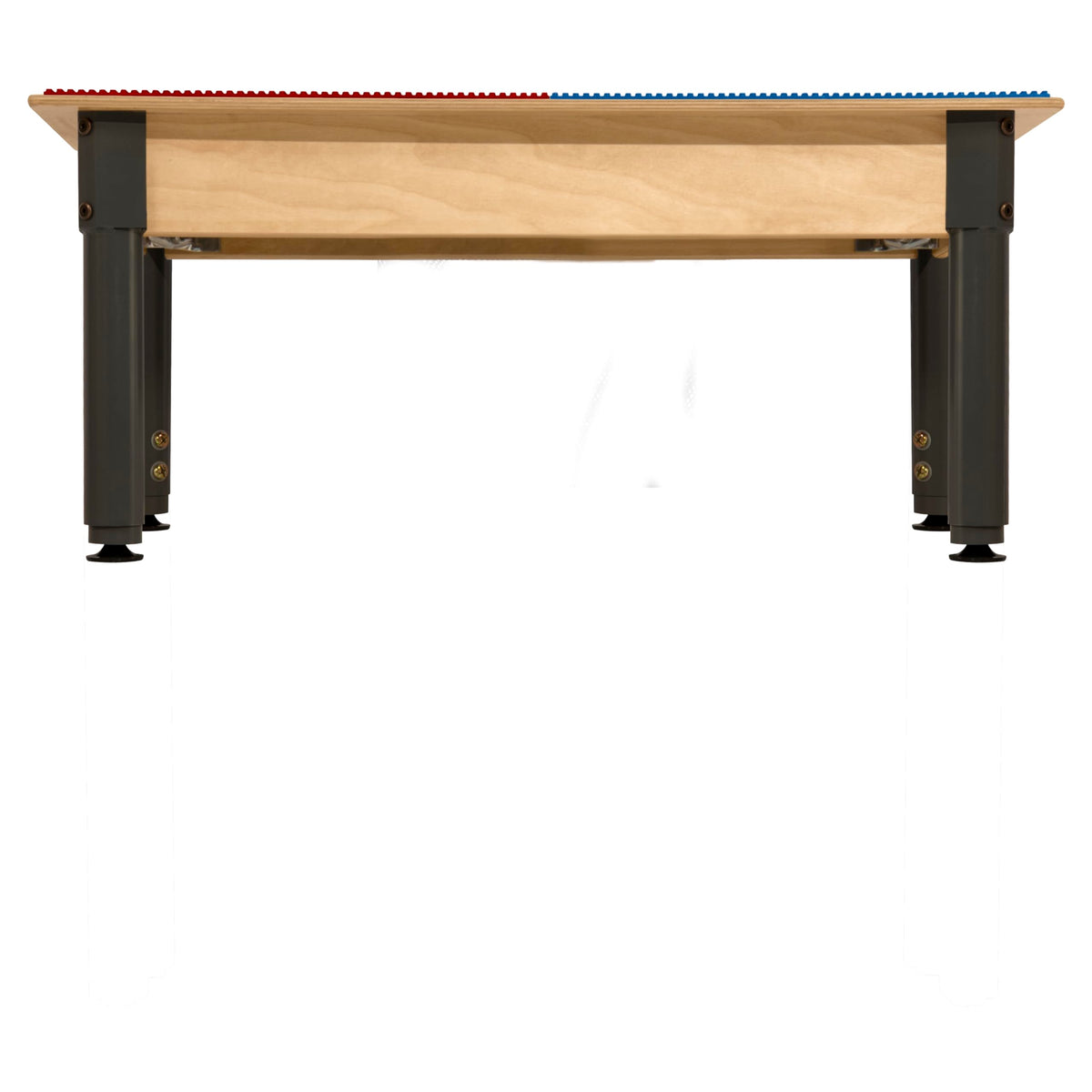 Square Time-2-Play Table with a trough, along with adjustable 12"-17" legs and a LEGO® Compatible Grid of RED/BLUE Color