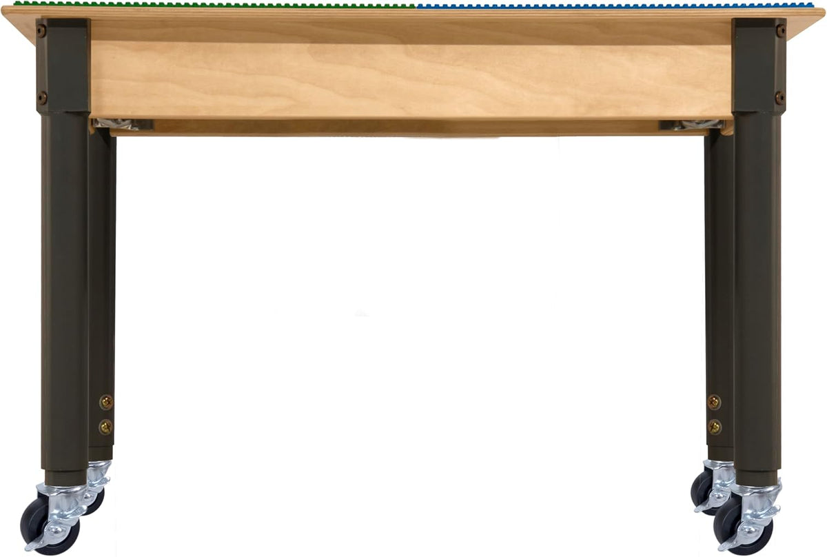 Rectangle Time-2-Play Table with a trough, along with adjustable 18"-29" legs with locking casters and a DUPLO® Compatible Grid of BLUE/GREEN Color
