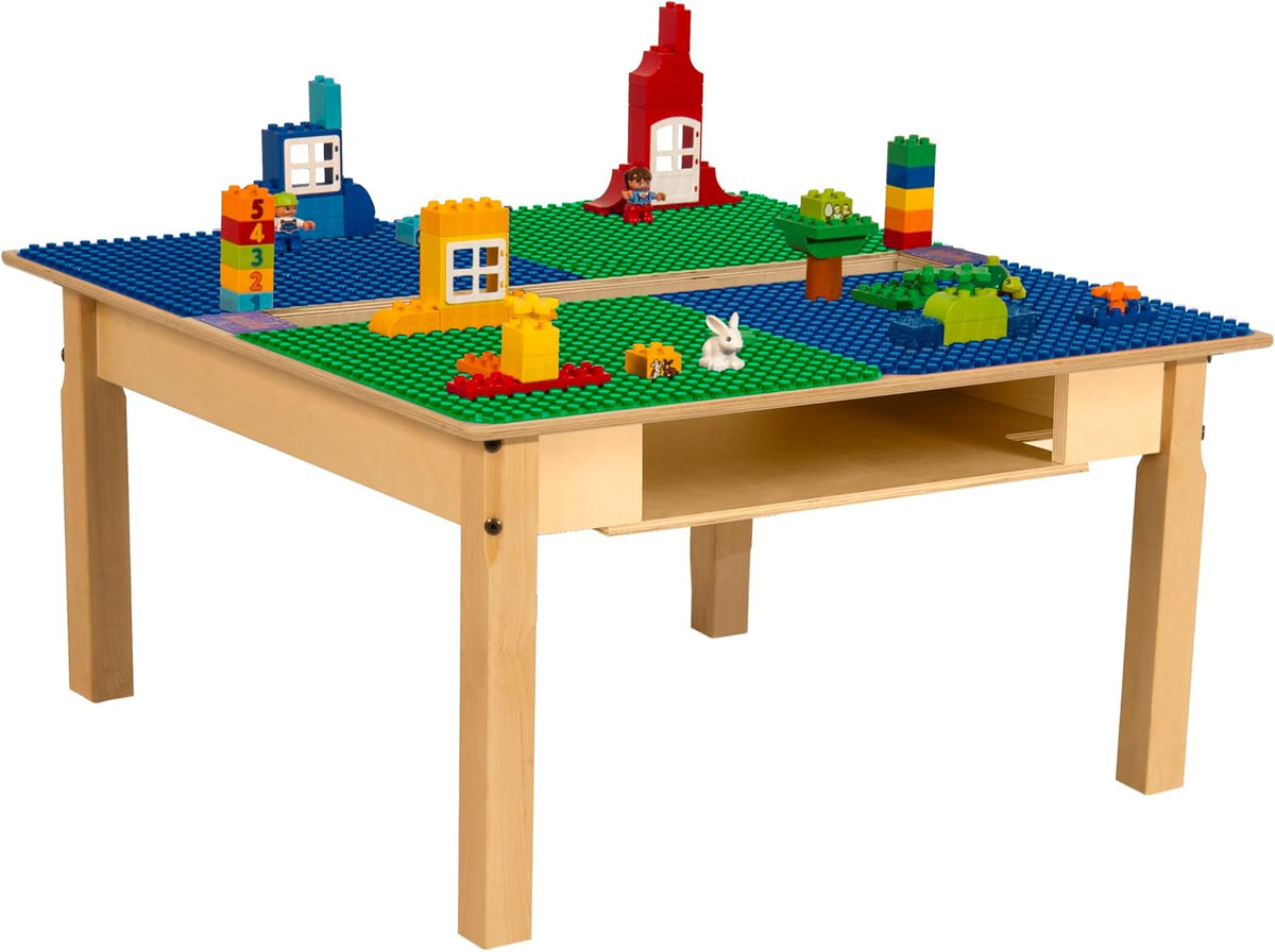 Square Time-2-Play Table with a trough and shelf, along with 16" legs and a DUPLO® Compatible Grid of BLUE/GREEN Color