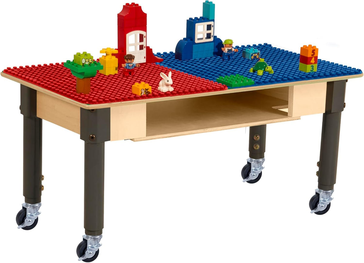 Rectangle Time-2-Play Table with a shelf, along with adjustable 12"-17" legs with locking casters and a DUPLO® Compatible Grid of RED/BLUE Color