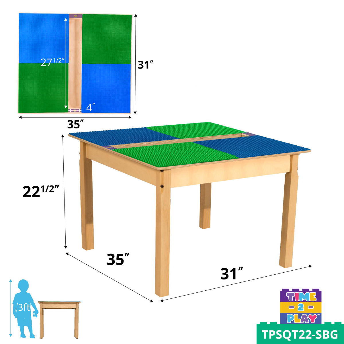 Square Time-2-Play Table with a trough, along with 22" legs and a DUPLO® Compatible Grid of BLUE/GREEN Color