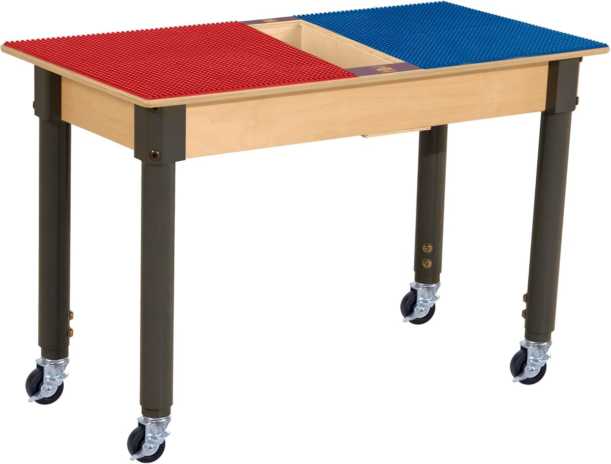 Rectangle Time-2-Play Table with a trough, along with adjustable 18"-29" legs with locking casters and a LEGO® Compatible Grid of RED/BLUE Color