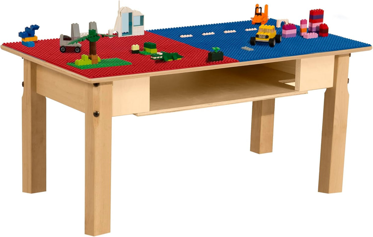 Rectangle Time-2-Play Table with a shelf, along with 14" legs and a LEGO® Compatible Grid of RED/BLUE Color