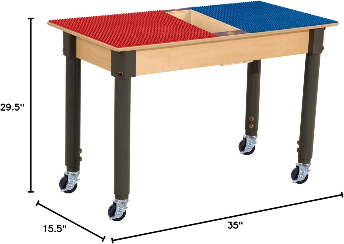 Rectangle Time-2-Play Table with a trough, along with adjustable 18"-29" legs with locking casters and a LEGO® Compatible Grid of RED/BLUE Color