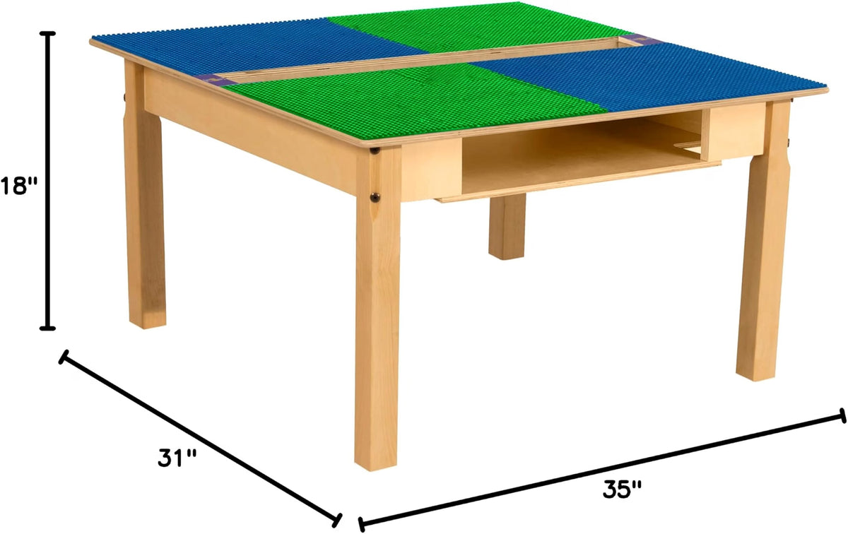 Square Time-2-Play Table with a trough and shelf, along with 18" legs and a LEGO® Compatible Grid of BLUE/GREEN Color