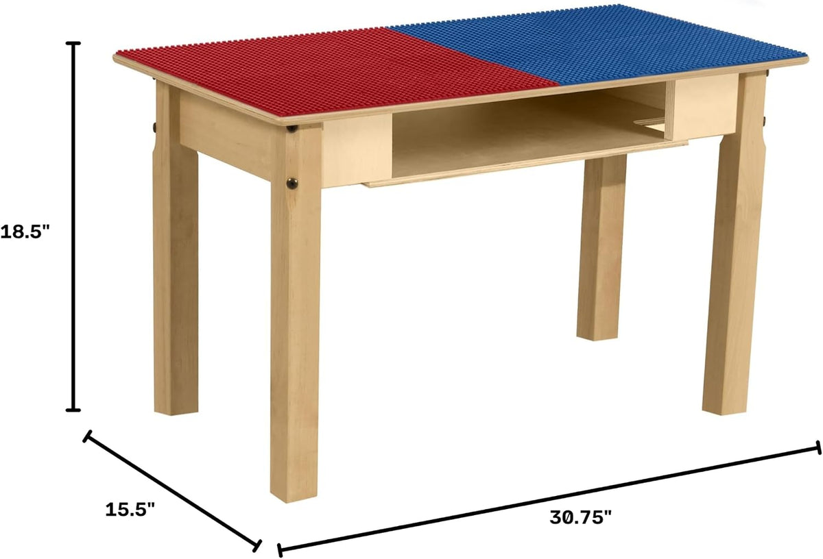 Rectangle Time-2-Play Table with a shelf, along with 18" legs and a LEGO® Compatible Grid of RED/BLUE Color