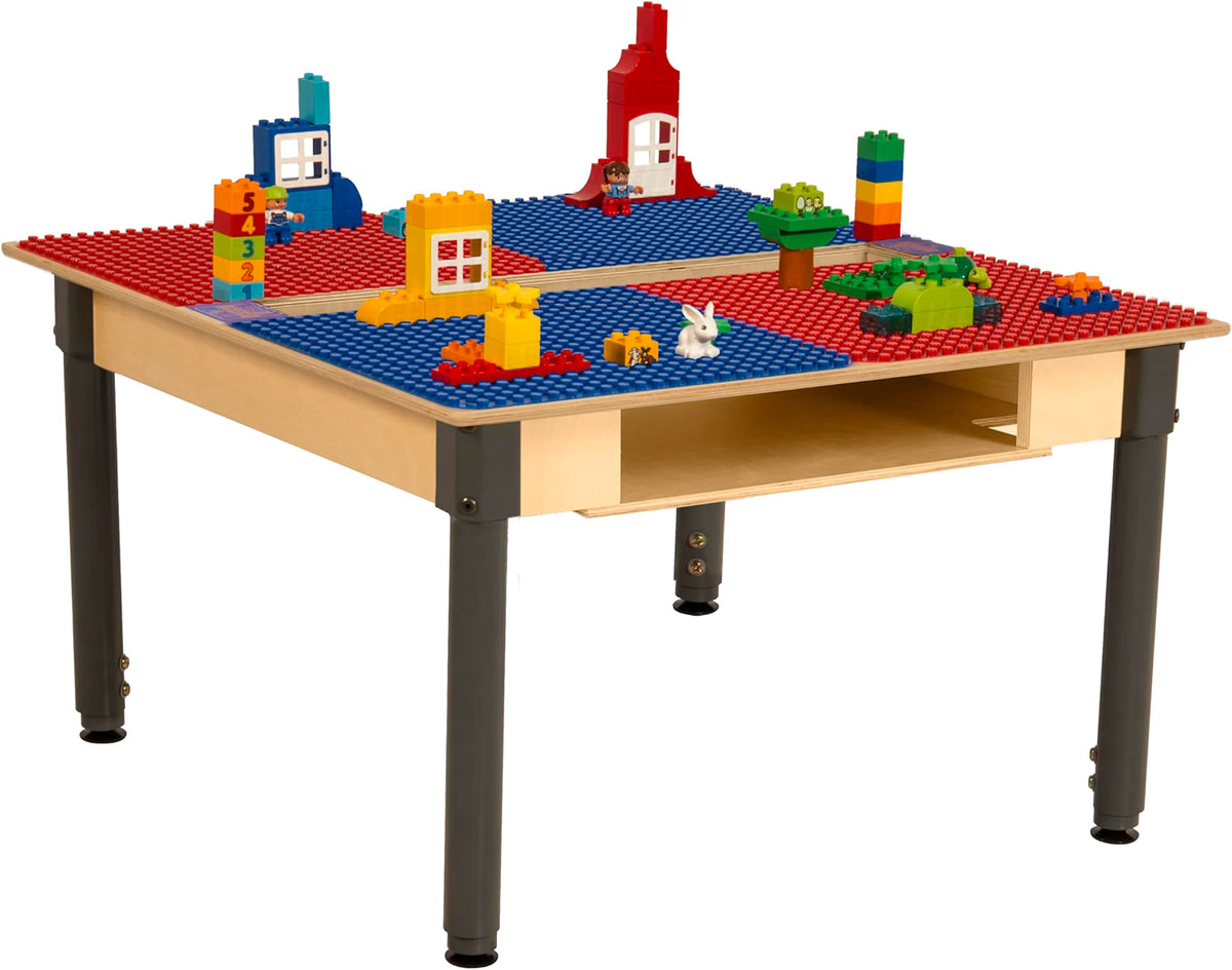 Square Time-2-Play Table with a trough and shelf, along with adjustable 18"-29" legs and a DUPLO® Compatible Grid of RED/BLUE Color