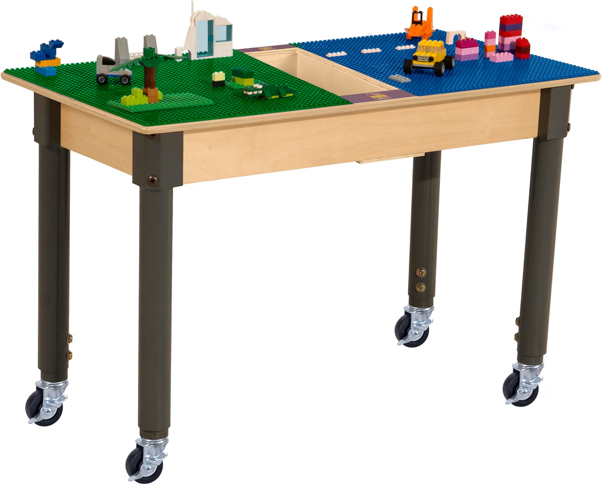 Rectangle Time-2-Play Table with a trough, along with adjustable 18"-29" legs with locking casters and a LEGO® Compatible Grid of BLUE/GREEN Color