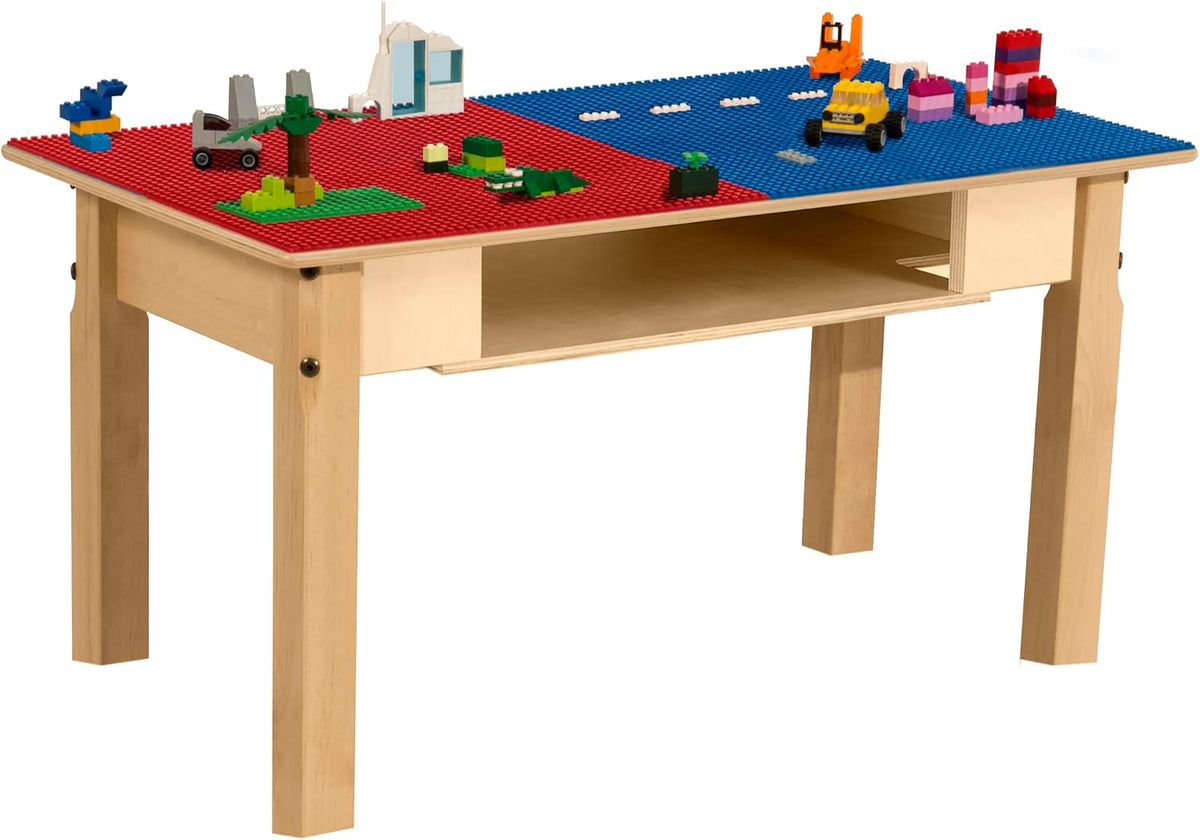 Rectangle Time-2-Play Table with a shelf, along with 16" legs and a LEGO® Compatible Grid of RED/BLUE Color