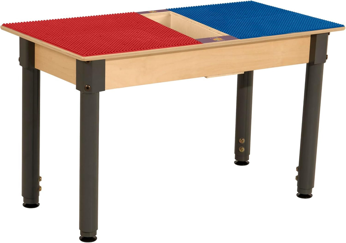 Rectangle Time-2-Play Table with a trough, along with adjustable 18"-29" legs and a LEGO® Compatible Grid of RED/BLUE Color