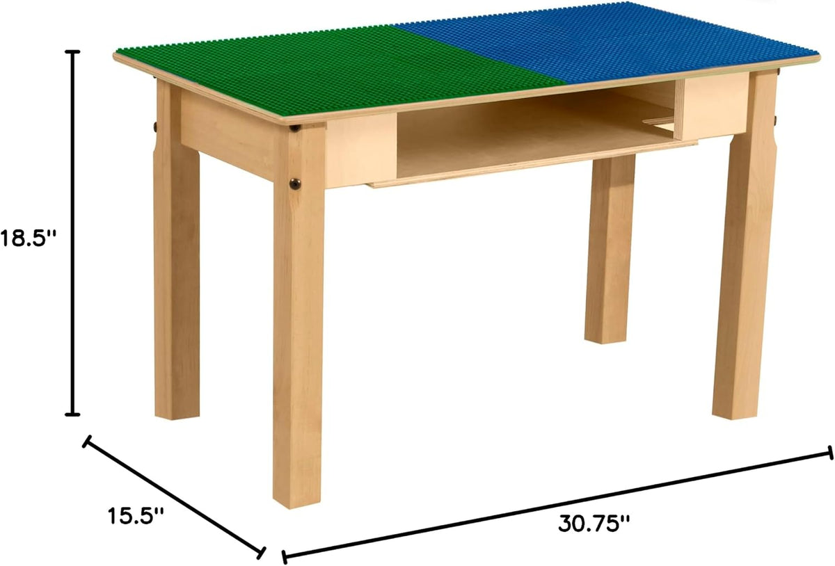 Rectangle Time-2-Play Table with a shelf, along with 18" legs and a LEGO® Compatible Grid of BLUE/GREEN Color