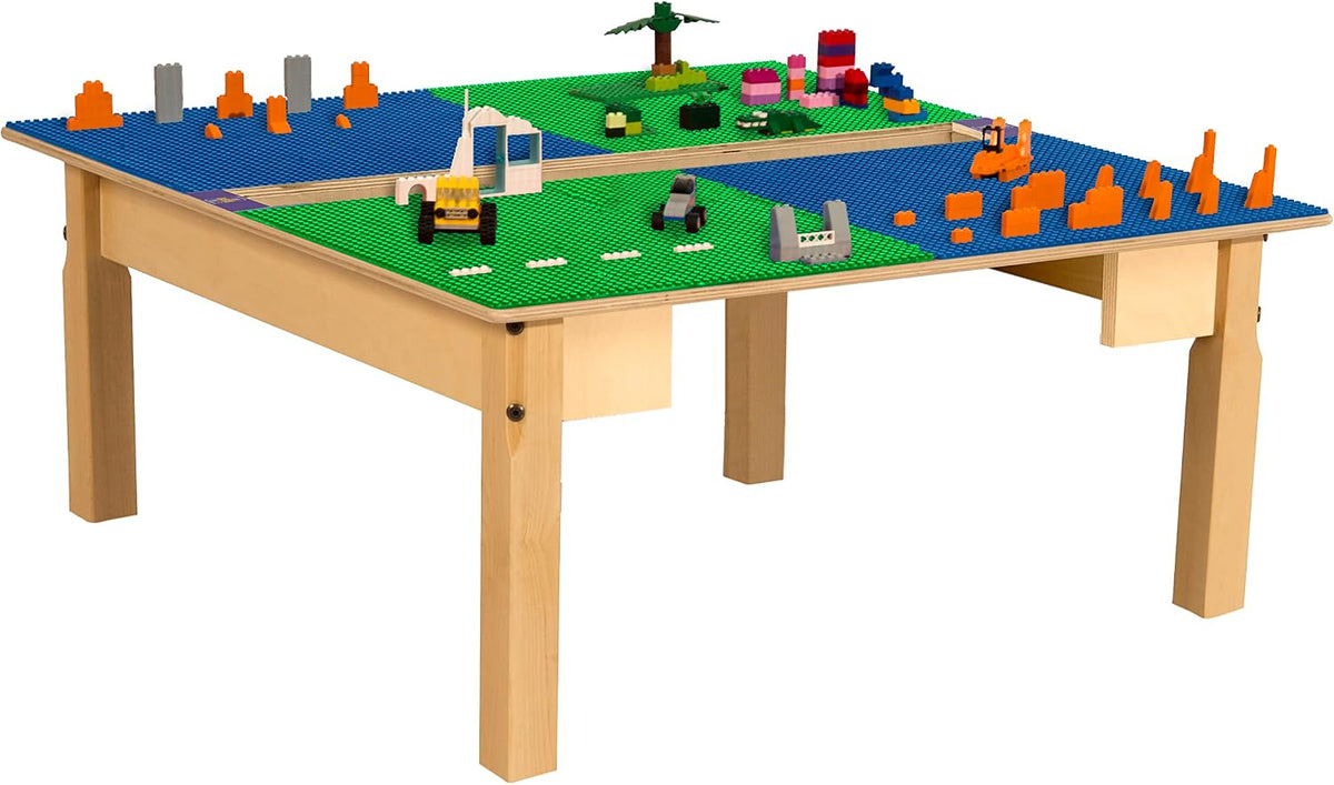 Square Time-2-Play Table with a trough, along with 14" legs and a LEGO® Compatible Grid of BLUE/GREEN Color