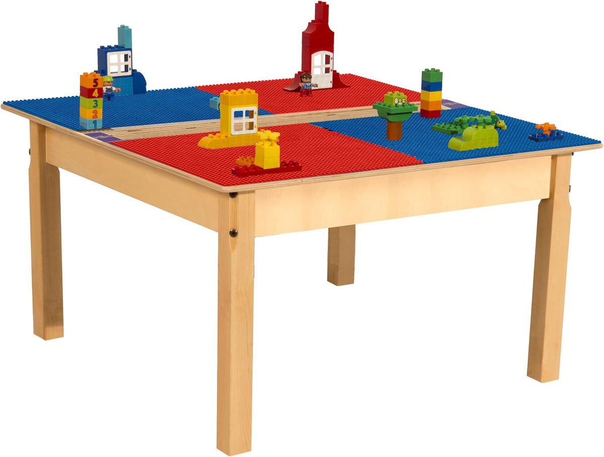 Square Time-2-Play Table with a trough, along with 18" legs and a DUPLO® Compatible Grid of RED/BLUE Color