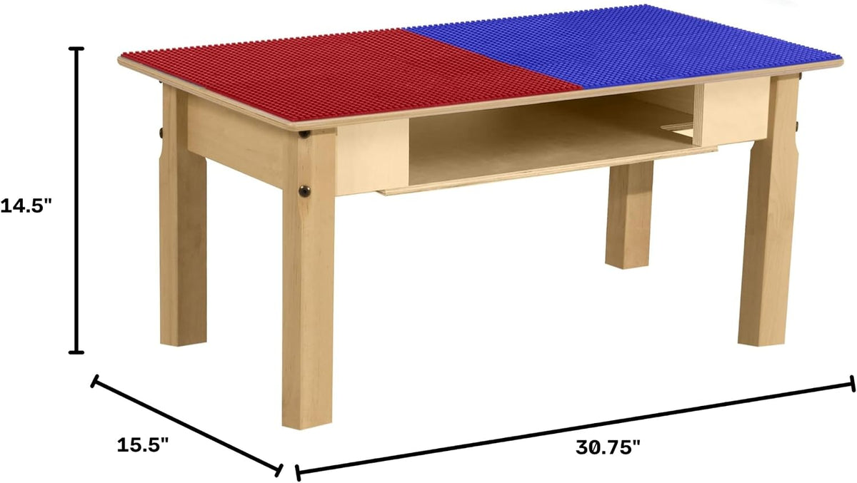 Rectangle Time-2-Play Table with a shelf, along with 14" legs and a LEGO® Compatible Grid of RED/BLUE Color