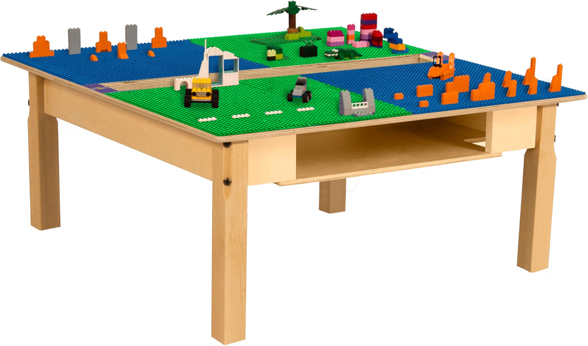 Square Time-2-Play Table with a trough and shelf, along with 14" legs and a LEGO® Compatible Grid of BLUE/GREEN Color
