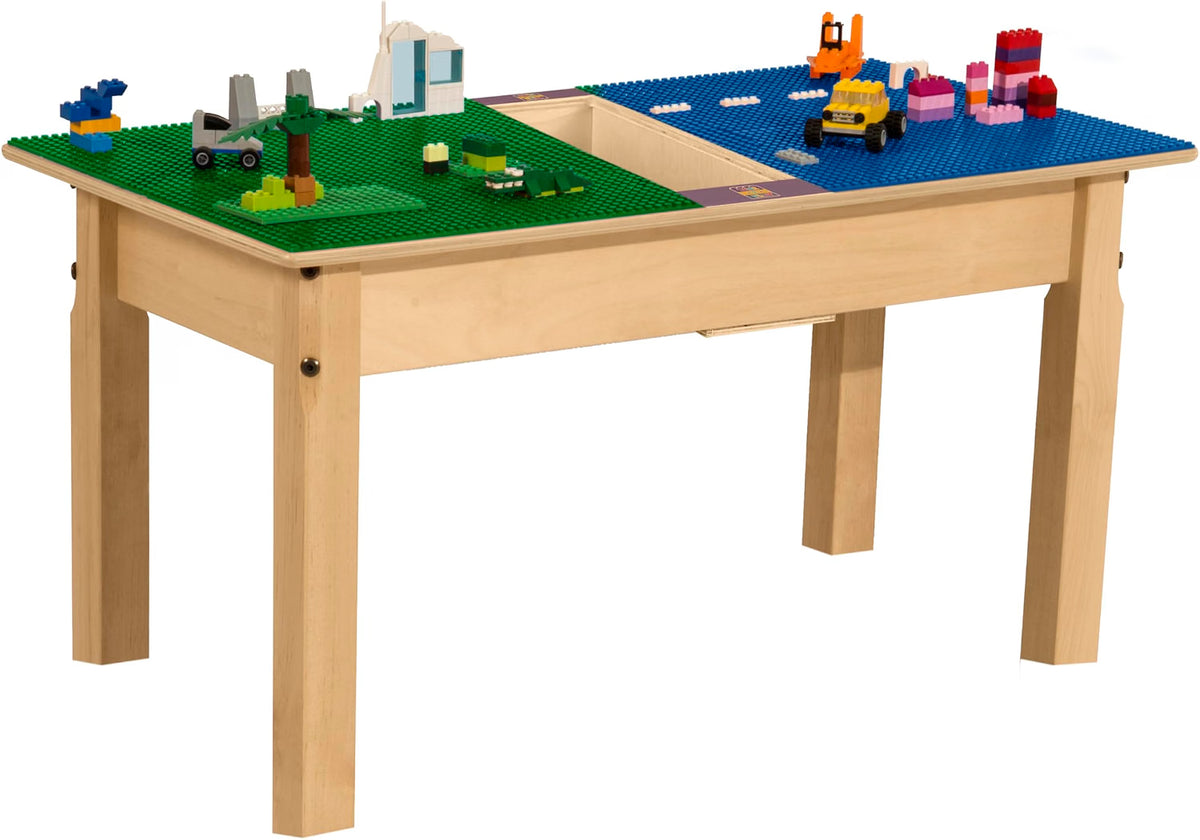 Rectangle Time-2-Play Table with a trough, along with 16" legs and a LEGO® Compatible Grid of BLUE/GREEN Color