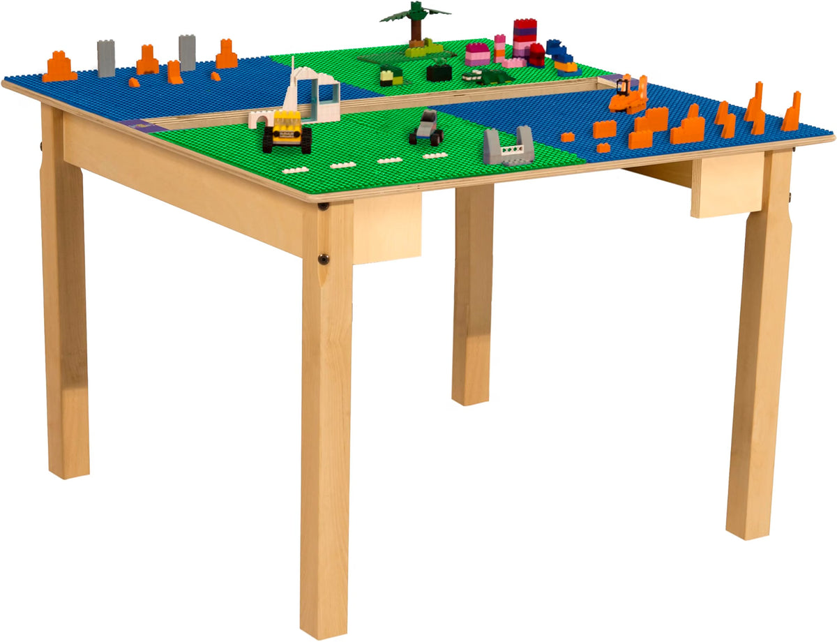 Square Time-2-Play Table with a trough, along with 22" legs and a LEGO® Compatible Grid of BLUE/GREEN Color