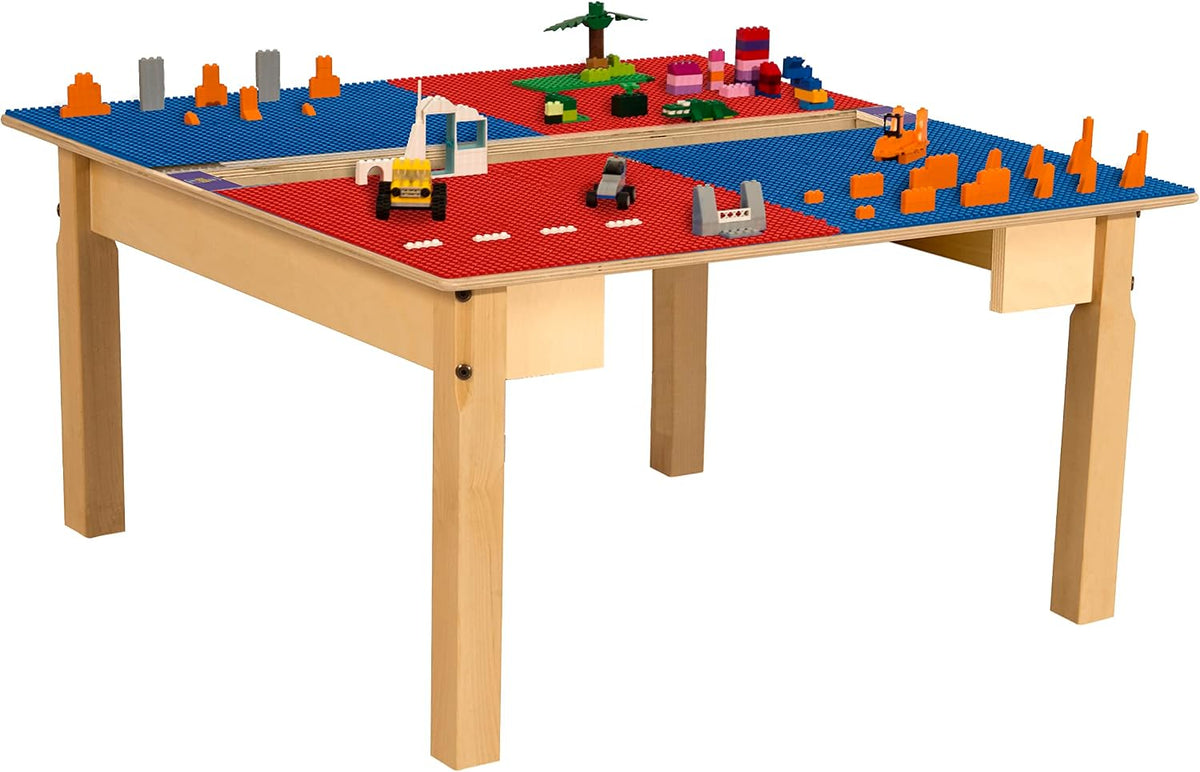 Square Time-2-Play Table with a trough, along with 16" legs and a LEGO® Compatible Grid of RED/BLUE Color