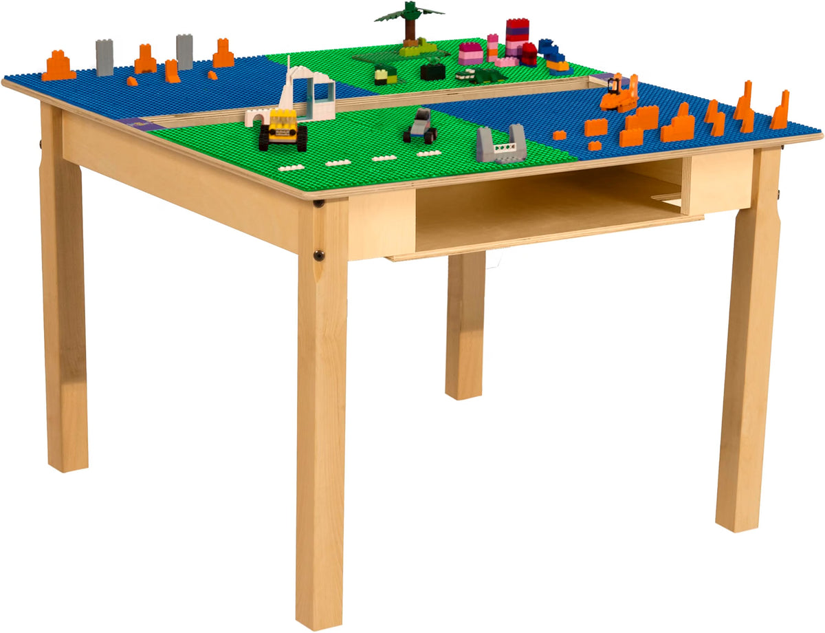 Square Time-2-Play Table with a trough and shelf, along with 22" legs and a LEGO® Compatible Grid of BLUE/GREEN Color