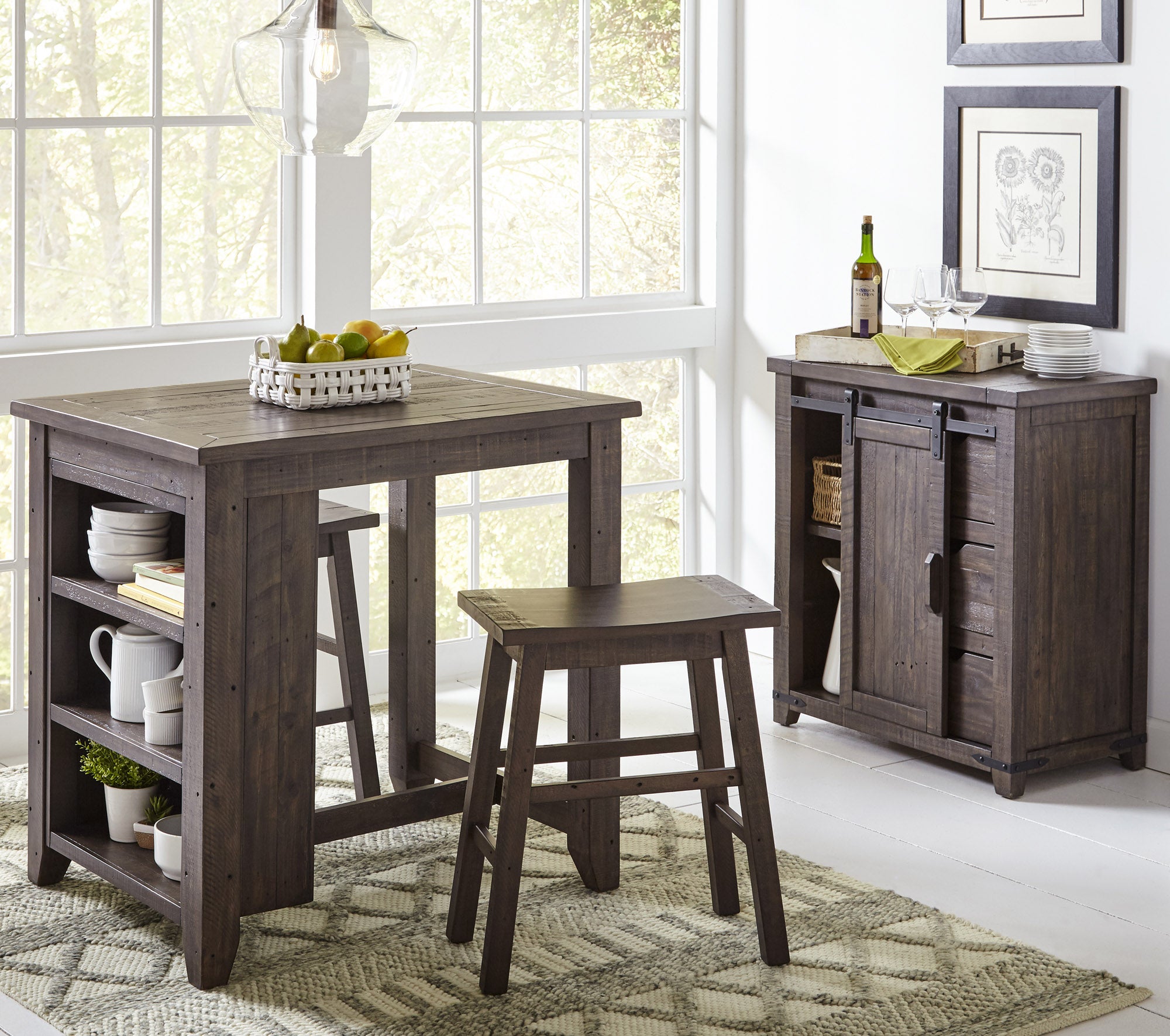 3-Piece Rustic Reclaimed Pine Counter Height Dining Set with Storage