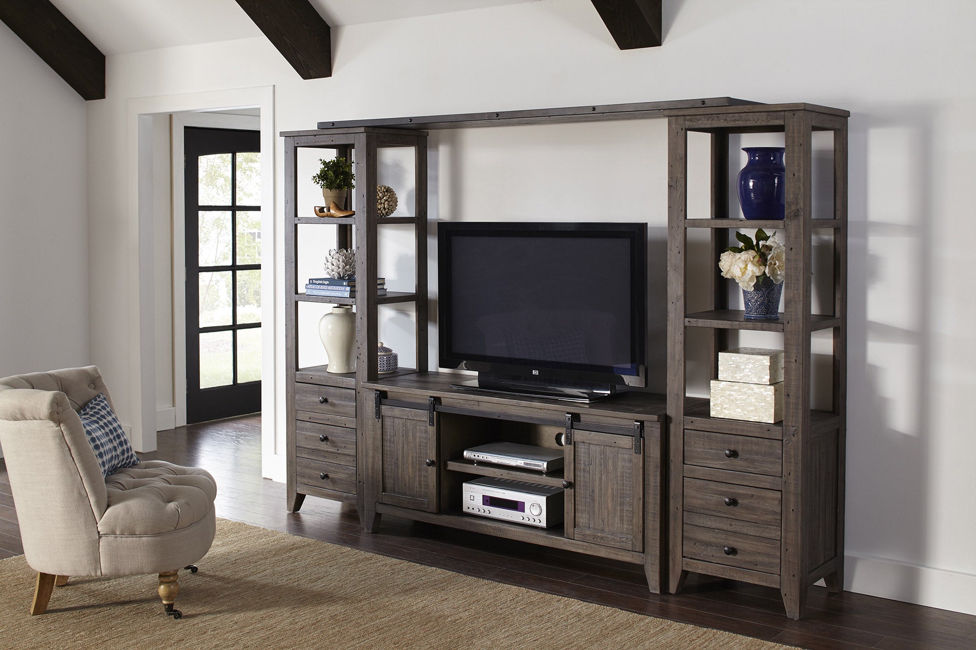72" Rustic Reclaimed Bookcase Pier with Storage Drawers