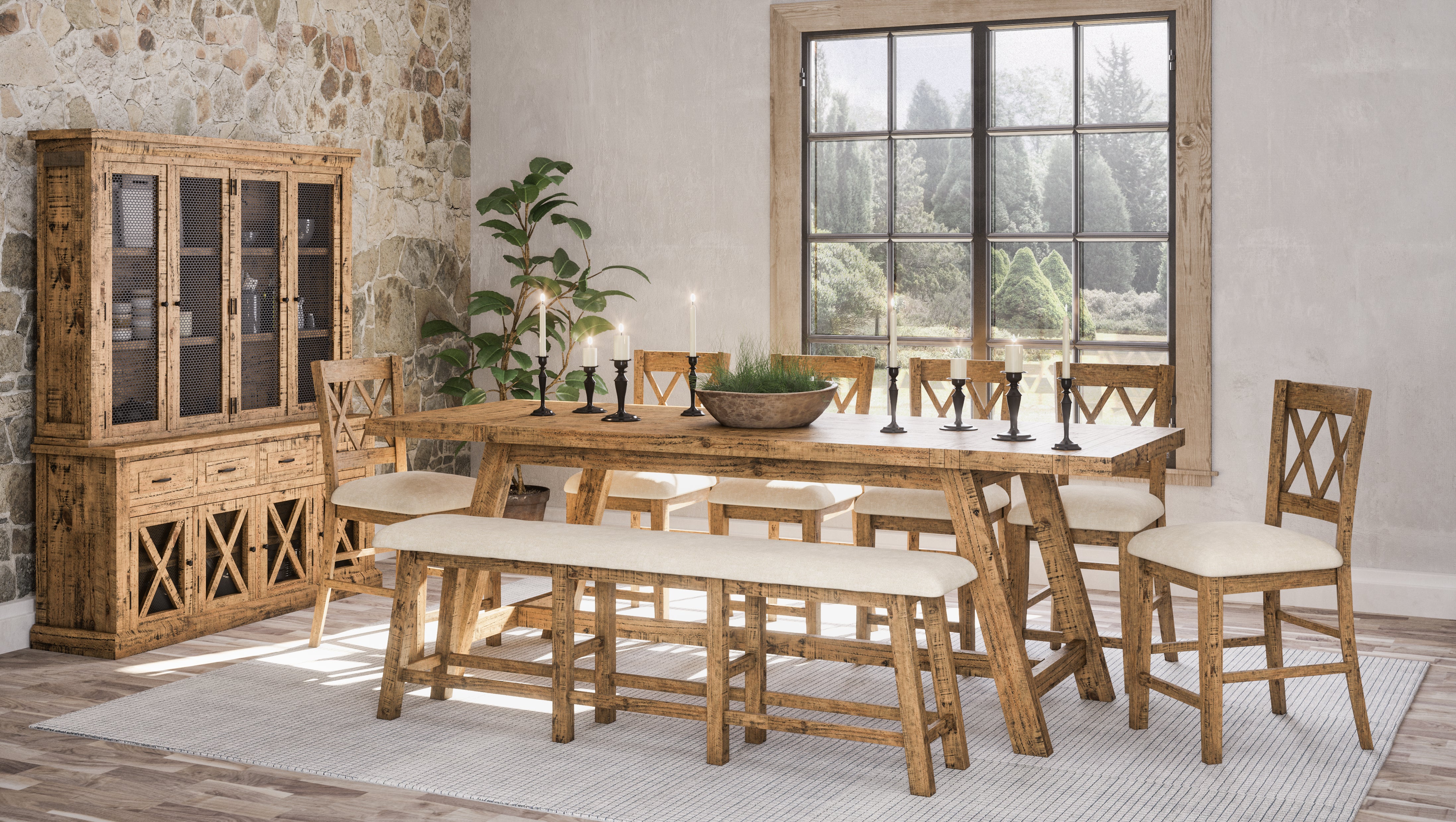 85" Upholstered Counter Height Bench, Distressed Solid Pine