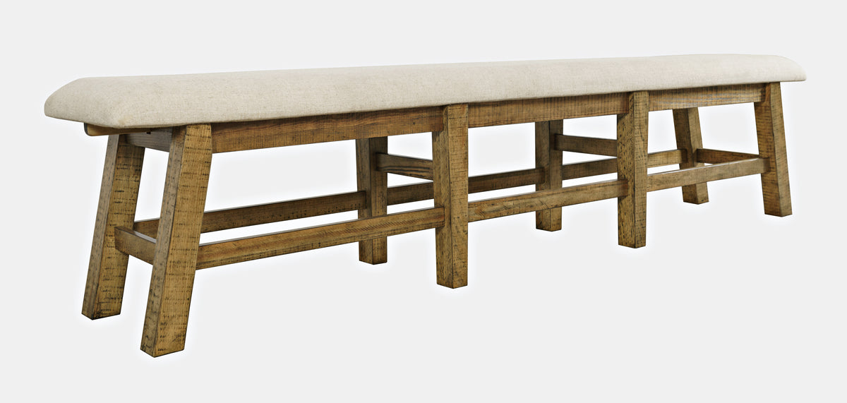 85" Upholstered Dining Bench with Distressed Solid Pine