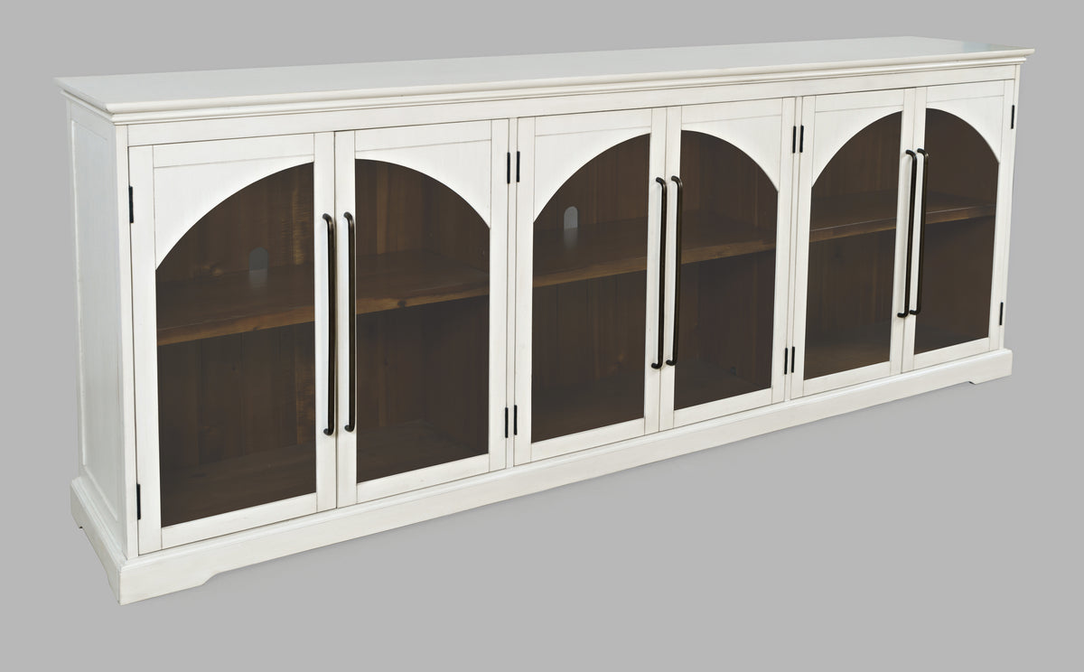96-Inch White Sideboard Cabinet with Gothic Arch Glass Doors and Adjustable Shelves