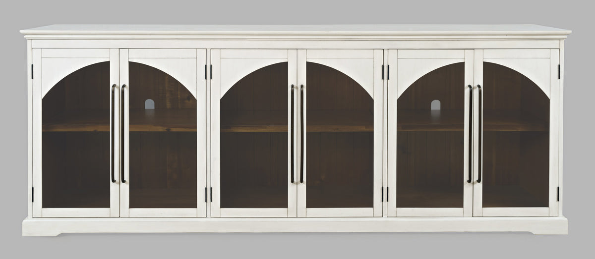 96-Inch White Sideboard Cabinet with Gothic Arch Glass Doors and Adjustable Shelves