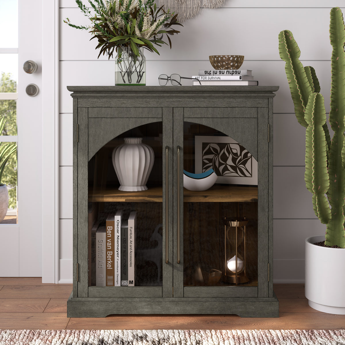 33-Inch Accent Storage Cabinet – Gothic Arch Glass Doors, Adjustable Shelf