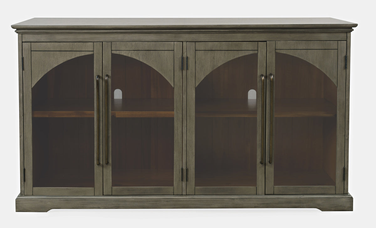 65-Inch Grey Sideboard Cabinet with Gothic Arch Glass Doors and Adjustable Shelves