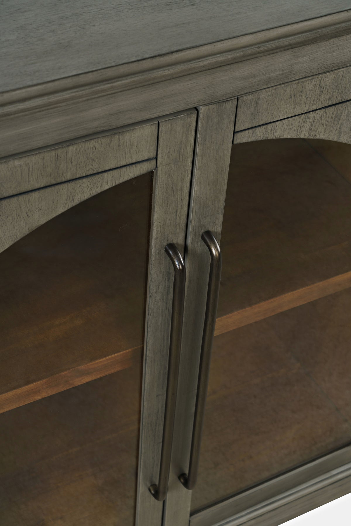 65-Inch Grey Sideboard Cabinet with Gothic Arch Glass Doors and Adjustable Shelves