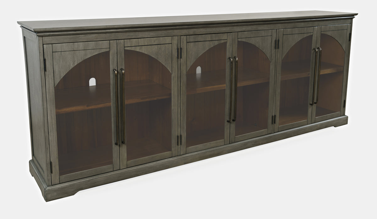 96-Inch Grey Sideboard Cabinet with Gothic Arch Glass Doors and Adjustable Shelves