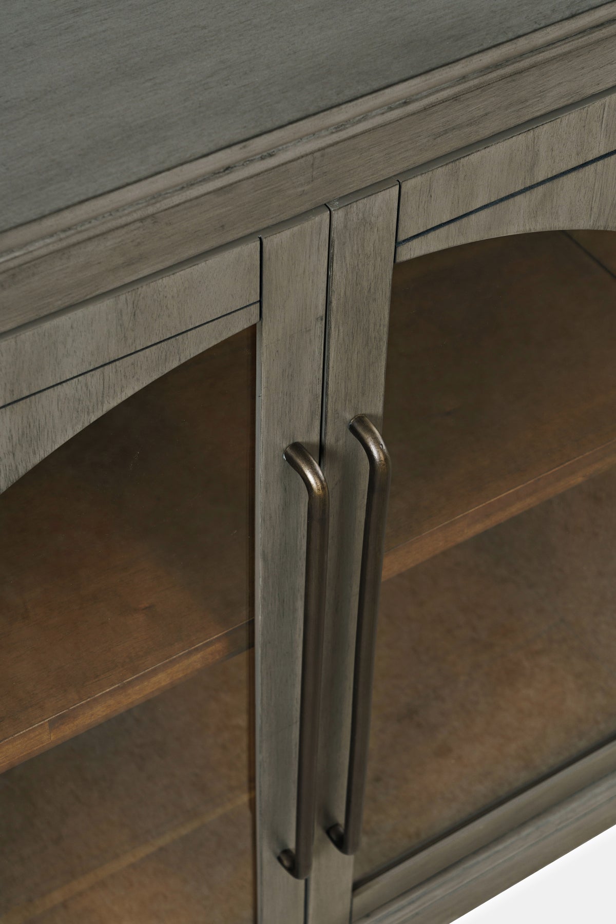 96-Inch Grey Sideboard Cabinet with Gothic Arch Glass Doors and Adjustable Shelves