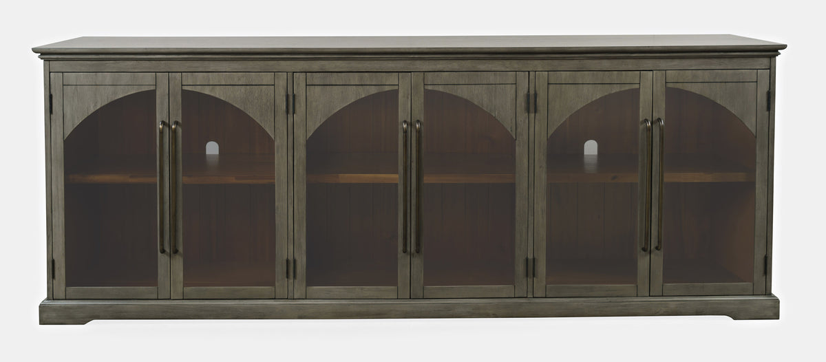96-Inch Grey Sideboard Cabinet with Gothic Arch Glass Doors and Adjustable Shelves