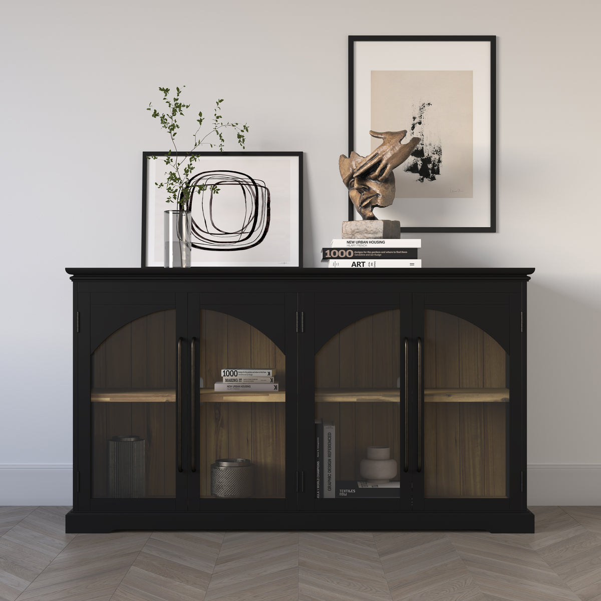 65-Inch Black Sideboard Cabinet with Gothic Arch Glass Doors and Adjustable Shelves