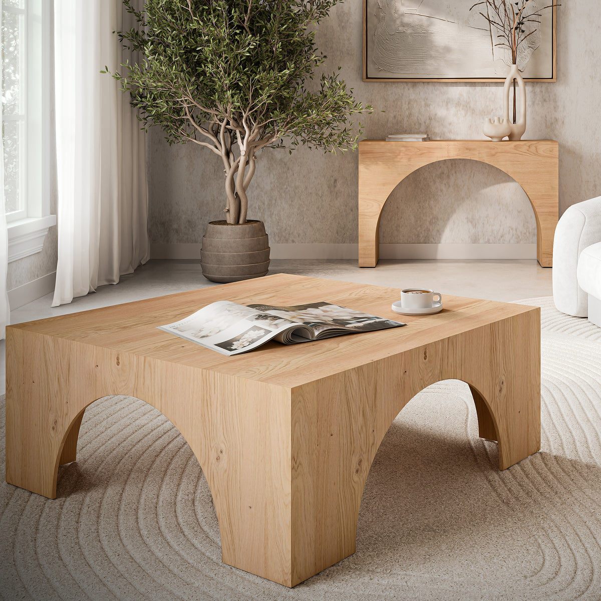 40-Inch Oak Square Coffee Table with Arched Wood Frame, Modern Rustic Design