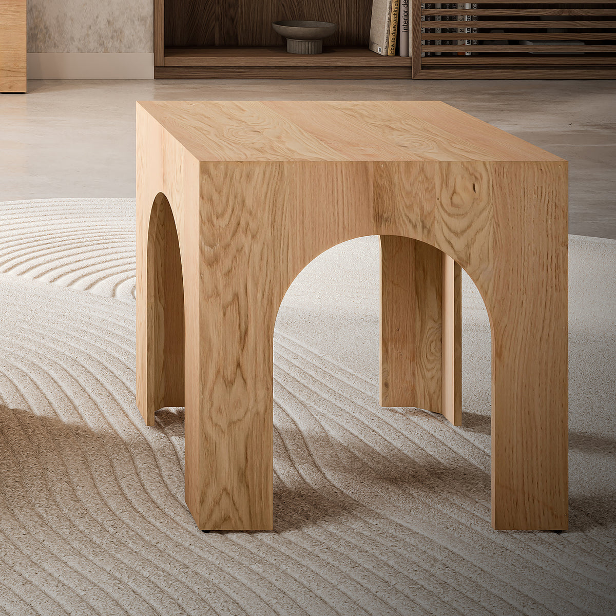 20-Inch Oak Square End Table with Arched Wood Frame, Modern Rustic Accent Table