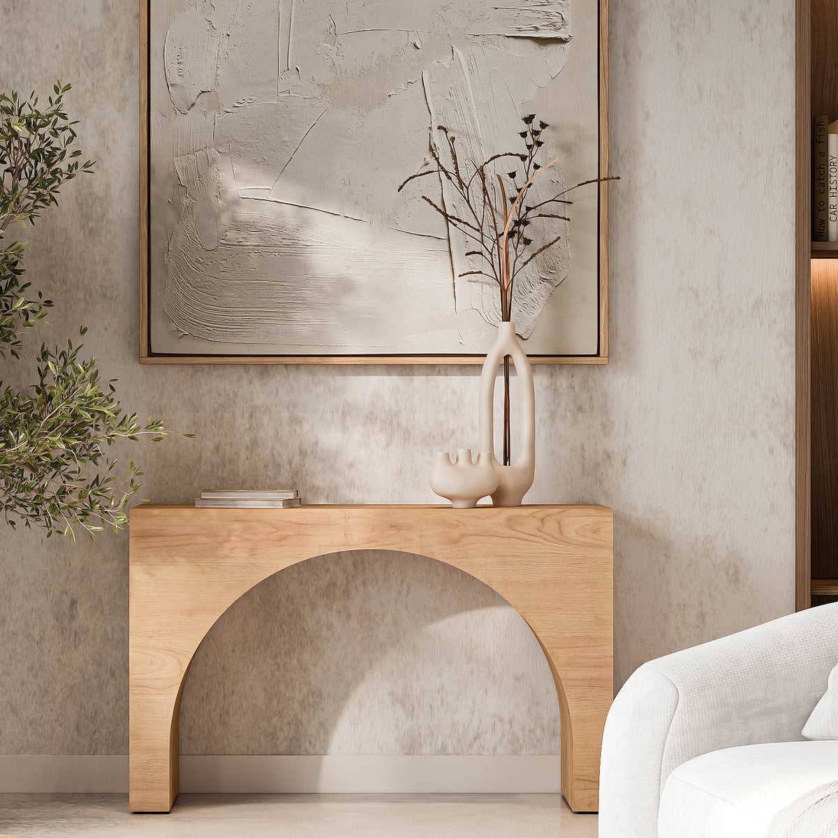 48-Inch Oak Sofa Console Table with Arched Wood Frame, Modern Rustic Design