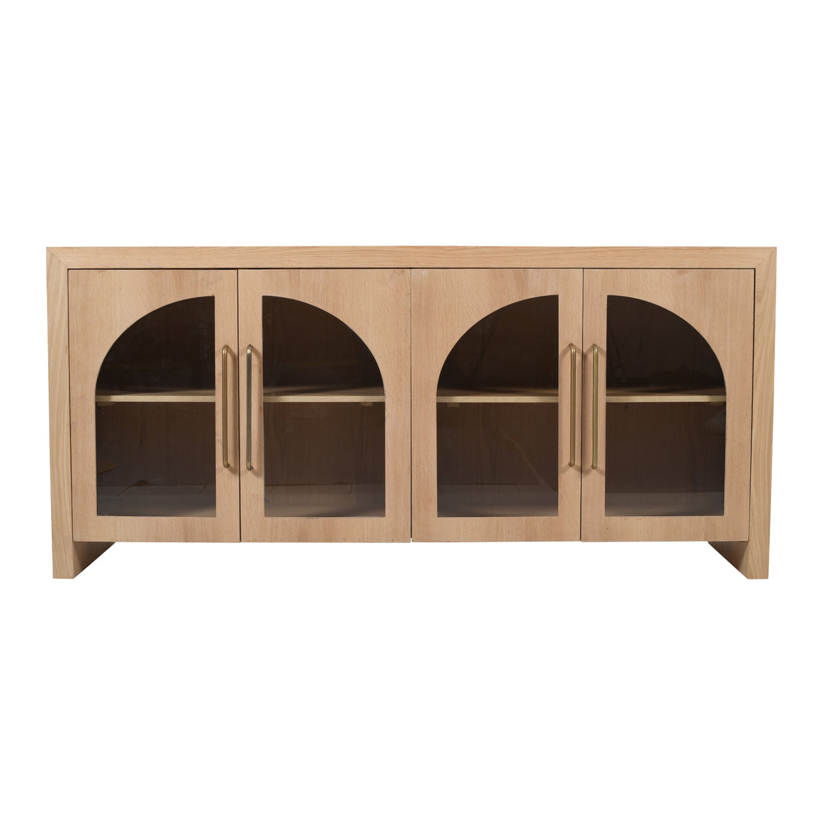 60-Inch Oak Sideboard Cabinet with Curved Arch Glass Doors and Gold Hardware