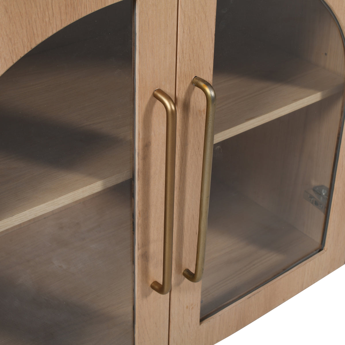 60-Inch Oak Sideboard Cabinet with Curved Arch Glass Doors and Gold Hardware