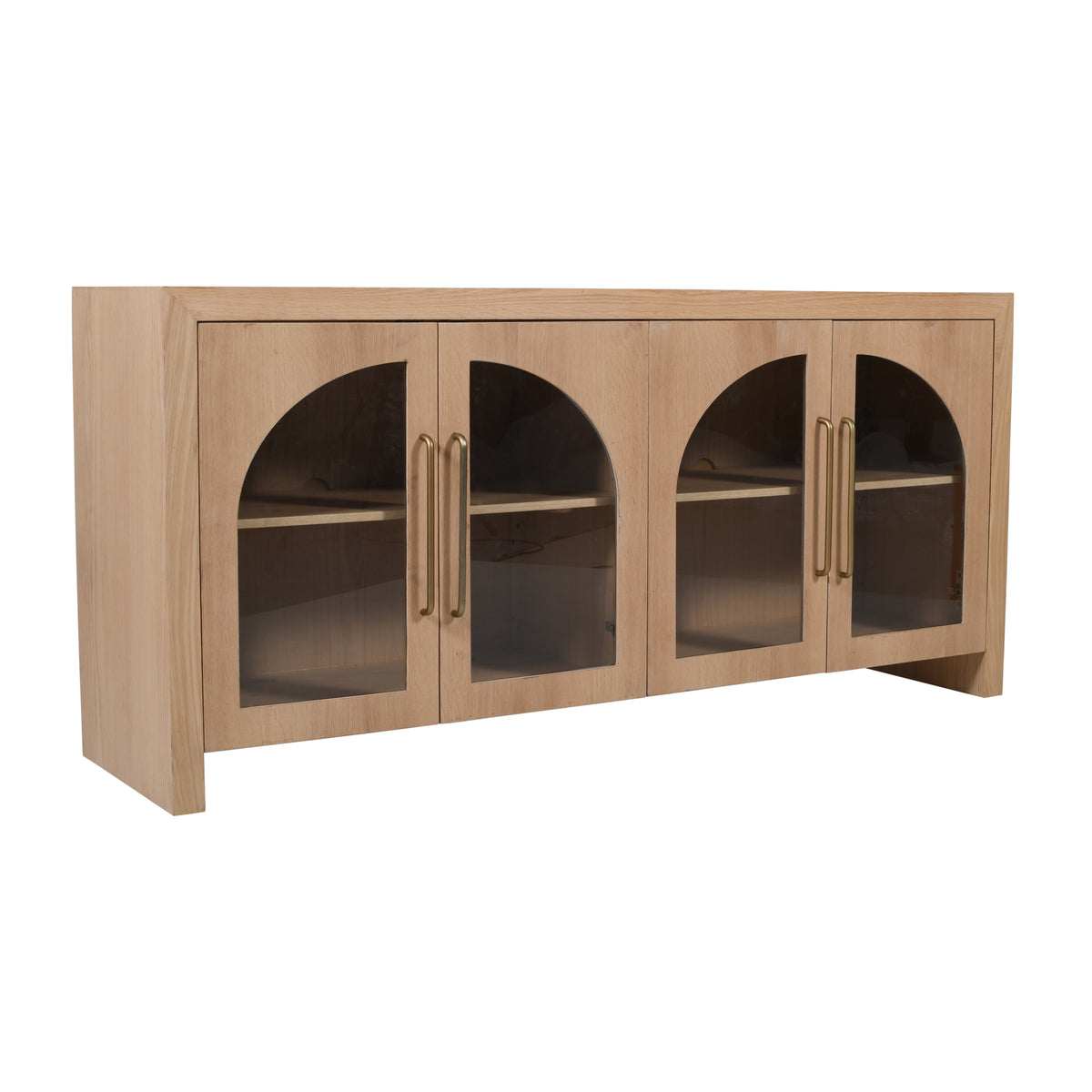 60-Inch Oak Sideboard Cabinet with Curved Arch Glass Doors and Gold Hardware