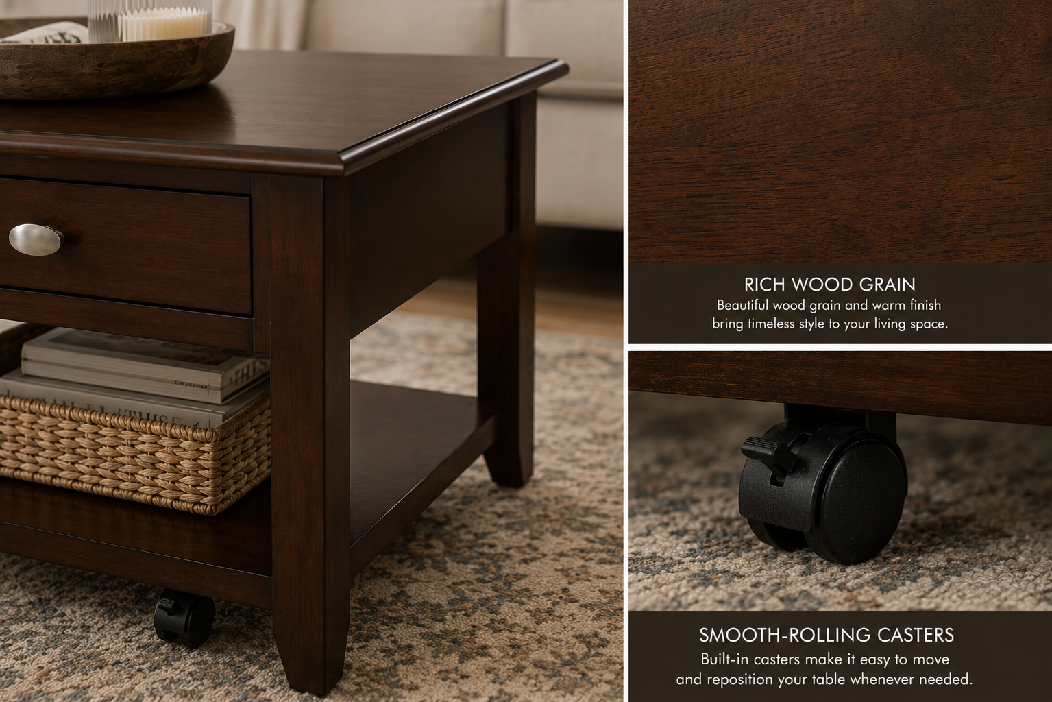 44" Rolling Coffee Table with Storage Drawers