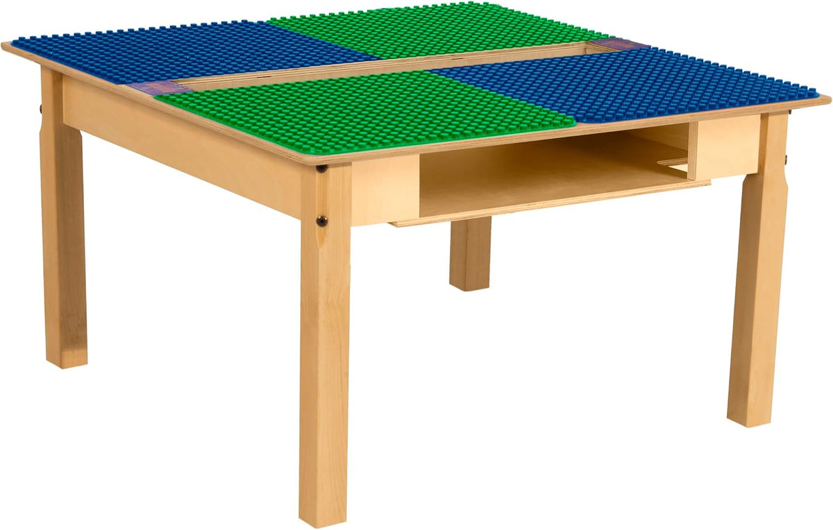 Square Time-2-Play Table with a trough and shelf, along with 18" legs and a DUPLO® Compatible Grid of BLUE/GREEN Color