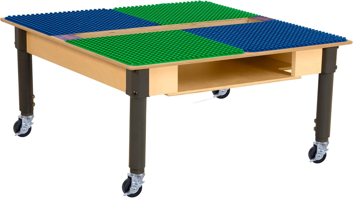 Square Time-2-Play Table with a trough and shelf, along with adjustable 12"-17" legs with locking casters and a DUPLO® Compatible Grid of BLUE/GREEN Color